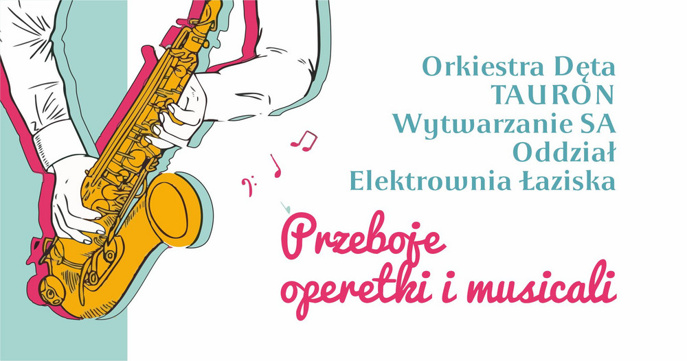 Żółty saksofon, różowe nutki. Ręce. Opis organizatora i tytuł wydarzenia