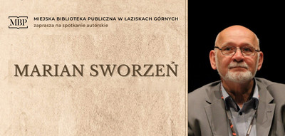 Zdjęcie gościa spotkania. Logo Miejskiej Biblioteki Publicznej w Łaziskach Górnych 
