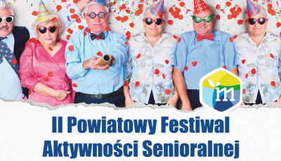 Seniorzy elegancko ubrani, kolorowe czapeczki, okulary, konfetti. Logo Starostwa Powiatowego w Mikołowie tytuł wydarzenia.