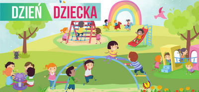 Ilustracja rysunkowa placu zabaw z dziećmi. Napis dzień dziecka