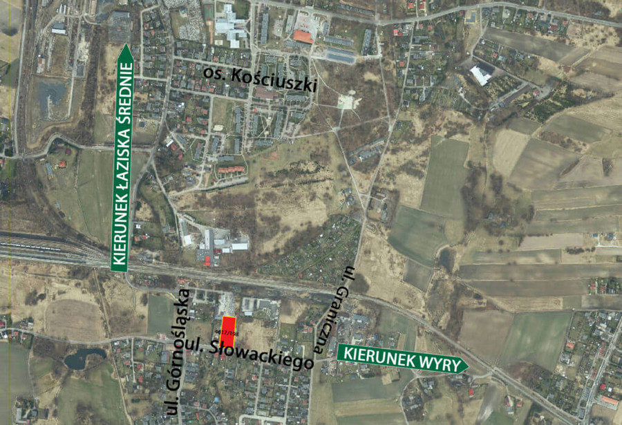 Baner informujący o szczegółach działki znajdującej się przy ulicy Słowackiego