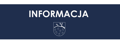 Grafika z tekstem informacja i herbem miasta Łaziska Górne, na granatowym tle.
