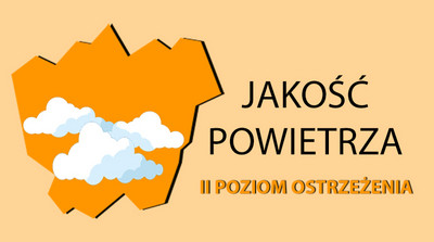 Grafika na jasno pomarańczowym tle kontur miasta Łaziska Górne, w centralnym punkcie chmury, obok umieszczono napis: Jakość powietrza II poziom ostrzeżenia.