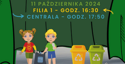 Plakat dotyczący przedstawienia: Uczą króla dzieci segregacji śmieci. Dwoje dzieci segregujących śmieci na scenie teatralnej. Szczegóły w treści artykułu.