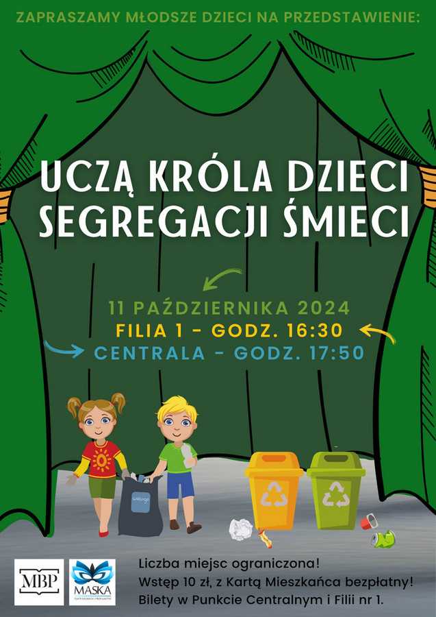 Plakat dotyczący przedstawienia: Uczą króla dzieci segregacji śmieci. Dwoje dzieci segregujących śmieci na scenie teatralnej. Szczegóły w treści artykułu.