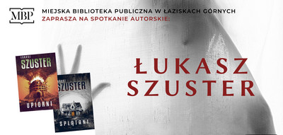 Grafika w tle szara postać, Okładki książek gościa spotkania. Logo Organizatora