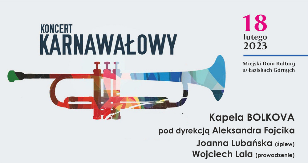 Grafika z kolorową trąbką i szczegółami wydarzenia