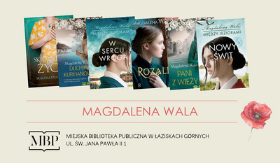 Okładki książek autorki. Imię i nazwisko autorki. Logo Miejskiej Biblioteki Publicznej.