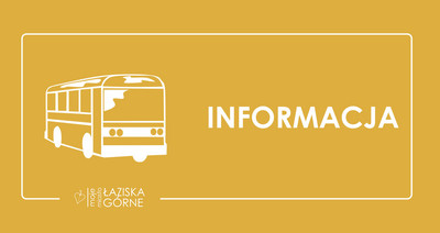 Informacja dotycząca transportu w Mieście - żółte tło, piktogram autobusu i napis "informacja" w kolorze białym