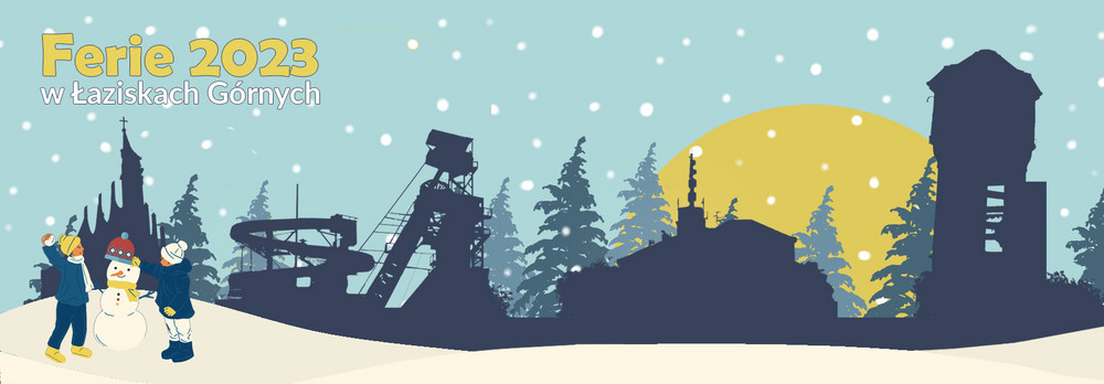 Cienie ze znanymi obiektami w Łaziskach Górnych, dzieci i bałwan w scenerii zimowej. 