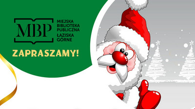 Plakat zapraszający na „Spotkanie z Mikołajem”. W górnej części widnieje logo Miejskiej Biblioteki Publicznej w Łaziskach Górnych z napisem „Zapraszamy!”. Obok znajduje się radosna, kreskówkowa postać Mikołaja wychylającego się zza białego okrągłego kształtu, na tle zimowej scenerii z narysowanymi choinkami. Poniżej, w dużych czerwonych literach, umieszczono hasło: „Spotkanie z Mikołajem!”. Dalej widnieje data wydarzenia: „6 grudnia 2025”, a pod nią godziny spotkań: „14:30 / 15:45 / 17:00 / 18:15”. Dolna część plakatu utrzymana jest w niebieskich falach i zawiera informacje o biletach: „Bilety do nabycia w punkcie centralnym. Liczba miejsc ograniczona! Informacje – tel. 798 764 093”. W prawym dolnym rogu znajduje się ilustracja czerwonego worka pełnego zapakowanych prezentów.