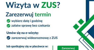 Plakat informacyjny ZUS zachęcający do rezerwacji wizyty.