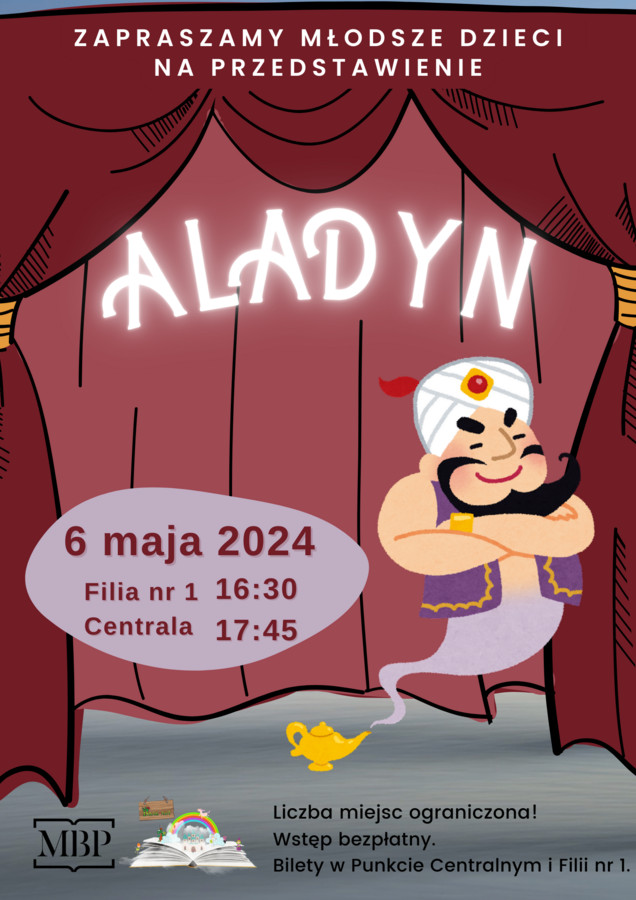 Grafika z lampy i postacią Aladyna. Napis Aladyn. W tle kurtyna. Szczegóły wydarzenia.
