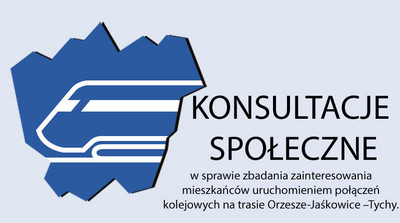 Grafika na jasno szarym tle kontur miasta, w centrum pociąg, obok umieszony został napis: KONSULTACJE SPOŁECZNE w sprawie zainteresowania mieszkańców uruchomieniem połączeń kolejowych na trasie Orzesze-Jaśkowice-Tychy