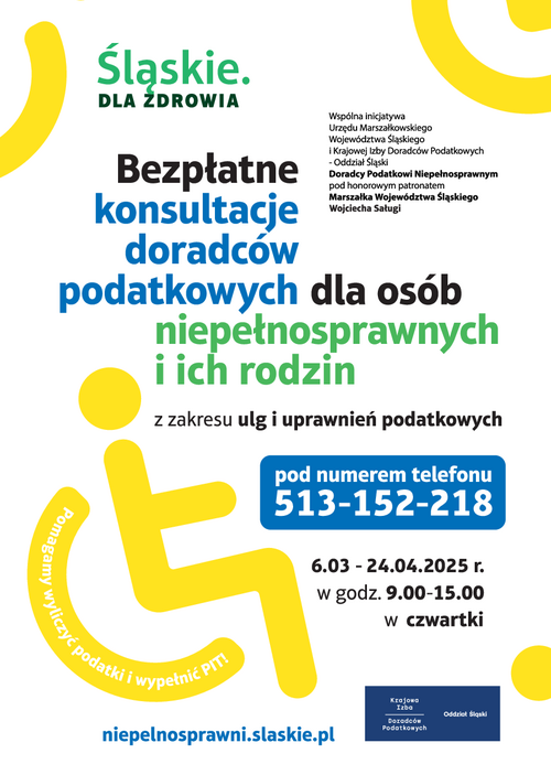 Plakat XVI edycji akcji Śląskiego Oddziału Krajowej Izby Doradców Podatkowych i Urzędu Marszałkowskiego Województwa Śląskiego: „Doradcy podatkowi niepełnosprawnym” - napisy na białym tle oraz piktogram przedstawiający osobę z niepełnosprawnością, wszystkie informacje w treści artykułu