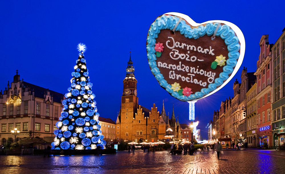 Zdjęcie rynku z Wrocławia. Świąteczna choinka. Duży piernik z napisem jarmark Bożonarodzeniowy Wrocław