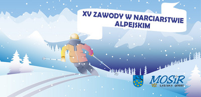 Grafika ilustrująca góry, narciarza