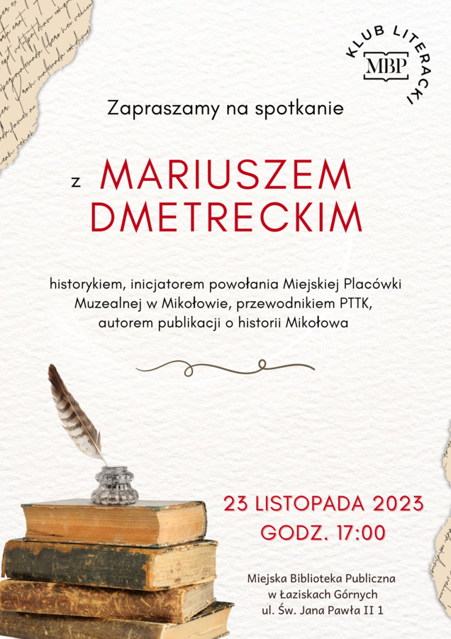 Plakat z wydarzenia. W dolnym lewym rogu stos starych książek, na nich kałamarz z piórem