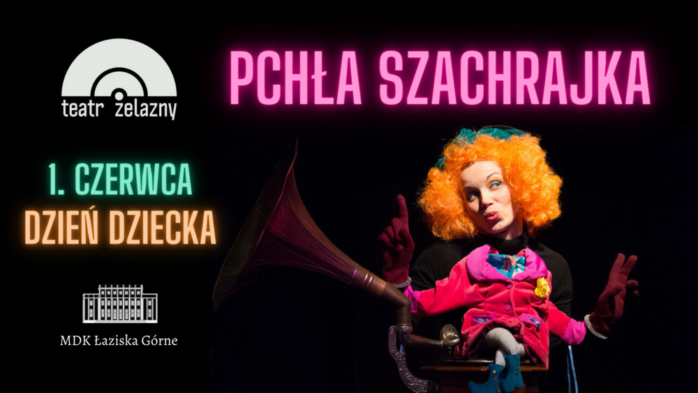 Kobieta w kolorowym przebraniu w peruce. Odtwarzacz płyt winylowych Logotypy Miejskiego Domu Kultury oraz Teatru Żelazny.