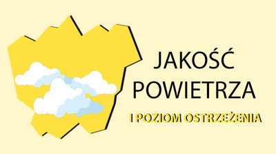 Grafika na żółtym tle kontur miasta Łaziska Górne, w centralnym punkcie chmury, obok umieszczono napis: Jakość powietrza I poziom ostrzeżenia.