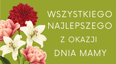 Zielone tło, z lewej strony bukiet kwiatów z prawej biały napis: Wszystkiego najlepszego z okazji Dnia Mamy