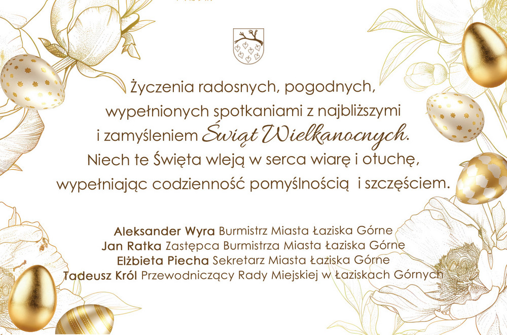 Grafika w odcieniach bieli i złota przedstawiająca wiosenne kwiaty, pisanki i życzenia wielkanocne (ich treść znjaduje się w  artykule)