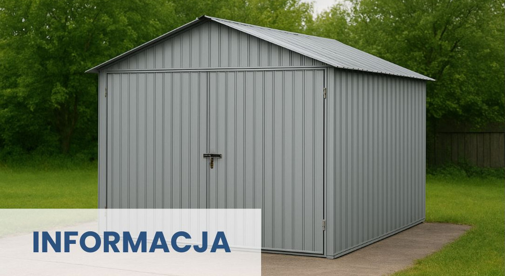 Zdjęcie blaszanego garażu z dwyspadowym dachem. Z przodu granatowy napis informacja na prospokątnym prześwitującym tle 