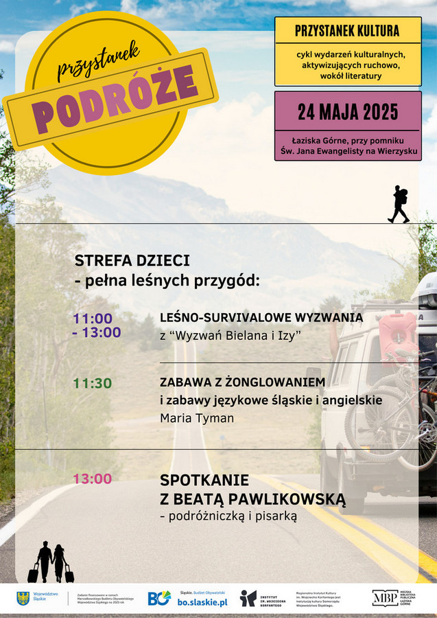 Napisy a w tle jadący drogą samochód terenowy. Plakat wydarzenia: Przystanek Podróże, szczegówy w treci artykułu