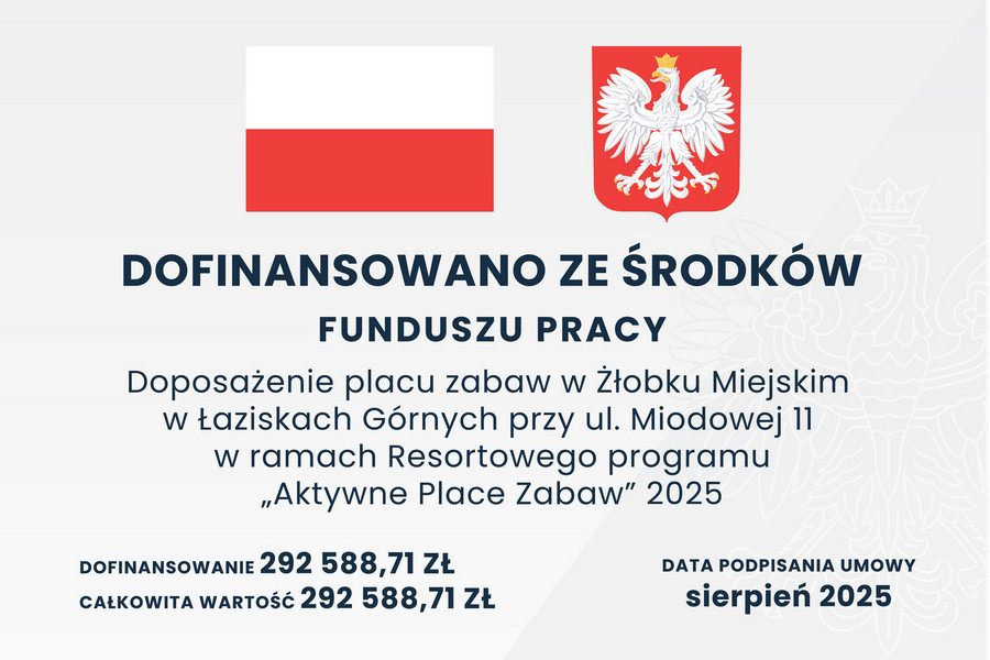 Tablica informacyjna dotycząca dofinansowania ze środków Funduszu Pracy projektu Doposażenia placu zabaw w Żłobku Miejskim w Łaziskach Górnych przy ul. Miodowej 11 realizowanego w ramach Resortowego programu Aktywne Place Zabaw 2025. dofinansowanie: 292 588,71 zł; całkowita wartość inwestycji: 292 588,71 zł; data podpisania umowy: sierpień 2025. U góry flaga Polski oraz godło Rzeczypospolitej Polskiej.