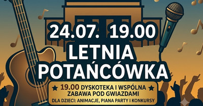Plakat promujący wydarzenie „Letnia Scena MDK”. Na grafice widoczne są ilustracje gitary, mikrofonu, nut muzycznych oraz sylwetki bawiących się osób na tle zachodzącego słońca. W centrum znajdują się informacje o wydarzeniu: 24 lipca o godzinie 19:00 odbędzie się letnia potańcówka.