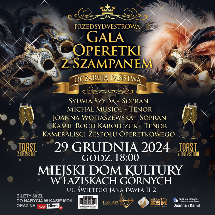 Plakat wydrzenia: Gala Operetki z Szampanem. Koncert przedsylwestrowy. Szczegóły w artykule poniżej.