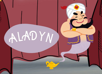 Grafika z lampy i postacią Aladyna. Napis Aladyn w dymku. W tle kurtyna.