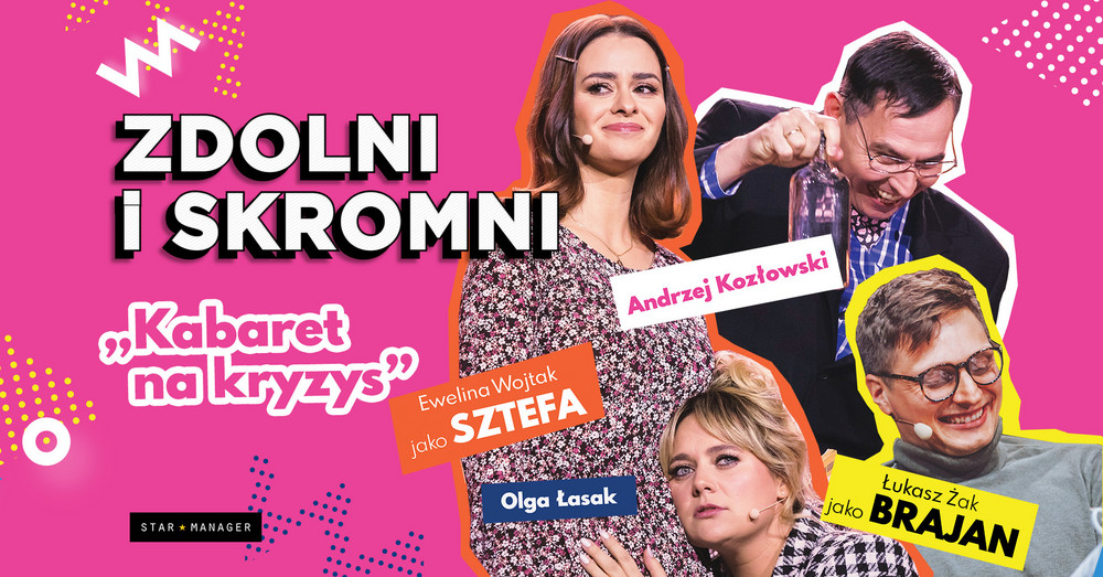 Plakat ze zdjęciami aktorów na różowym tle