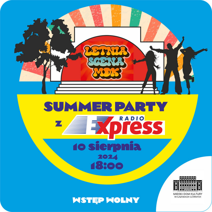 Logo letniej sceny MDK. Zarys budynku ze schodami, na tle tęczy. Cienie drzewa oraz tańczących postaci. Szczegóły wydarzenia. W dolnym rogu logo Miejskiego Domu Kultury.