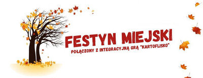 Napis festyn miejski połączony z integracyjną grą miejską. Grafika drzewa jesiennego, spadające liście.