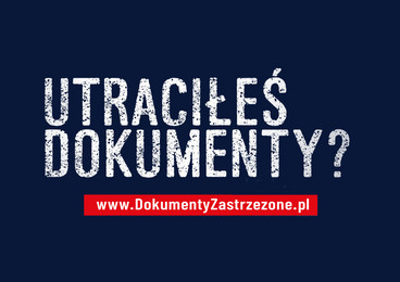 Napis utraciłeś dokumenty na granatowym tle i adres strony www.adreszastrzezony.pl na czerwonej apli.