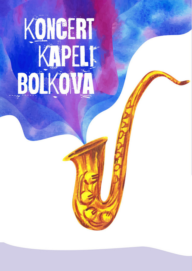 Grafika: saksofon i wydobywający się z niego kolorowy dym