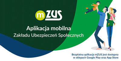 Grafika aplikacji mobilnej ZUS. Rodzina czterosobowa. Mama z dzieckiem na rękach, Tata podrzucający drugie dziecko. Zielone tło.