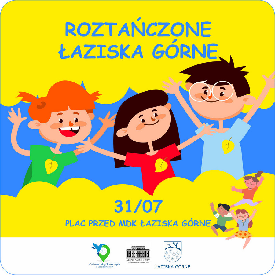 Grafika: trójka dzieci, dwóch chłopców i jedna dziewczynka uśmiechnięci w kolorowych koszulkach z żółtym listkiem. W górnej części na żółtej chmurce nazwa wydarzenia. W dolnej chmurce szczegóły wydarzenia. Na samym dole na białym tle logotypy organizatorów.