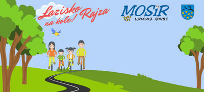 Grafiki rodziny 4 osobowej na rowerze. Tytuł wydarzenia. Logotypy organizatorów.