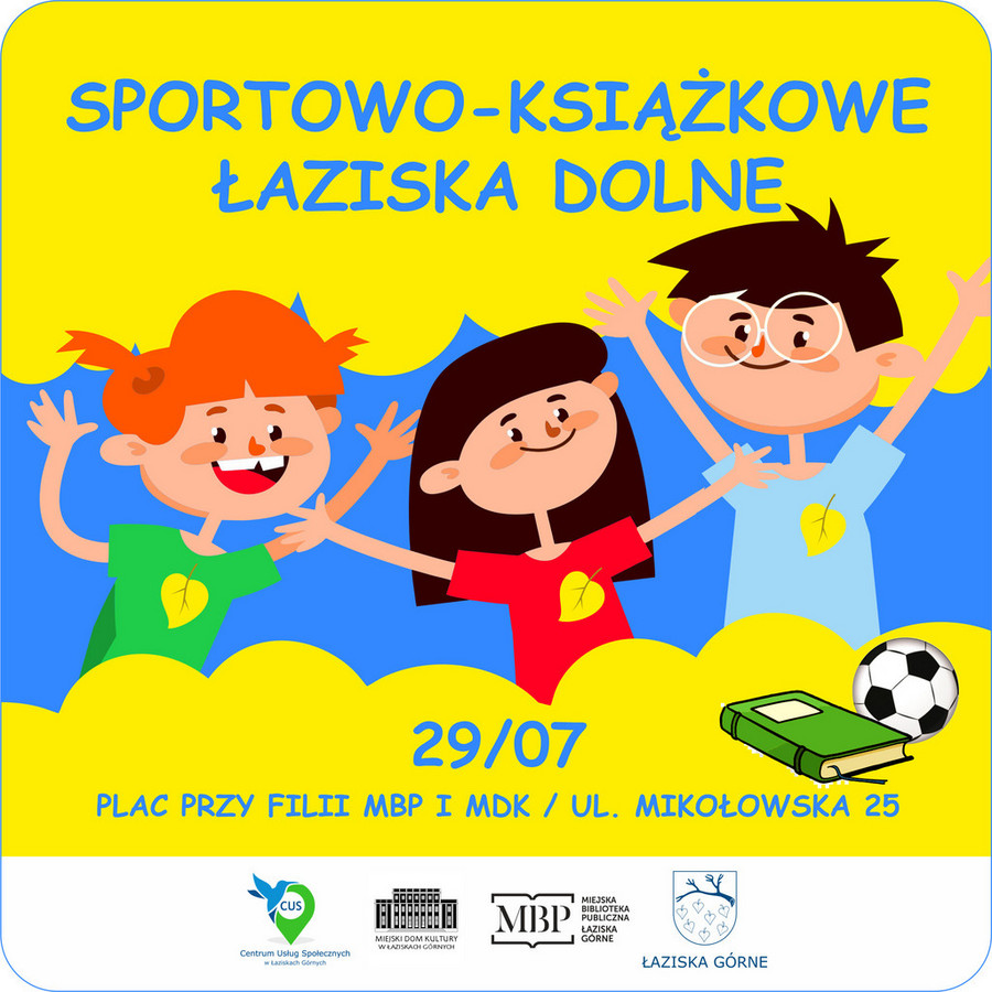 Grafika: trójka dzieci, dwóch chłopców i jedna dziewczynka uśmiechnięci w kolorowych koszulkach z żółtym listkiem. W górnej części na żółtej chmurce nazwa wydarzenia. W dolnej chmurce szczegóły wydarzenia. Na samym dole na białym tle logotypy organizatorów.