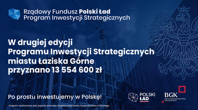 Grafika na tle budowy, po prawej stronie został umieszczony orzeł z herbu Polski, w centralnym punkcie, na dole i na górze zostały umieszczone informację odnośnie rządowego funduszu "Polski Ład"