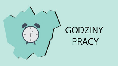 Grafika na jasno niebieskim tle kontur miasta Łaziska Górne, w centralnym punkcie budzik, obok umieszczono napis: Godziny pracy.