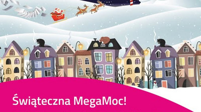 Plakat wydarzenia „Świąteczna MegaMoc!” organizowanego przez TAURON i Miasto Łaziska Górne. W górnej części grafiki znajduje się zimowy, bajkowy krajobraz: kolorowe domki pokryte śniegiem, nocne niebo oraz Mikołaj w saniach ciągniętych przez renifery. Na różowym tle umieszczono tekst informujący o wydarzeniu. Podano datę – 13 grudnia 2025, godz. 14:00–20:00 – oraz lokalizację: Łaziska Górne: Ratusz, plac przed MDK, park w okolicy MDK i Ratusza, Parking za Ratuszem. Wypunktowane atrakcje obejmują m.in. instalacje świetlne, świąteczny pociąg, warsztaty dla dzieci, iluminacje, spotkanie ze Świętym Mikołajem i karuzelę wenecką. W prawym górnym rogu widnieje logo TAURON, a na dole herb miasta i logo MDK.