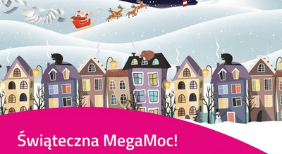 Plakat wydarzenia „Świąteczna MegaMoc!” organizowanego przez TAURON i Miasto Łaziska Górne. W górnej części grafiki znajduje się zimowy, bajkowy krajobraz: kolorowe domki pokryte śniegiem, nocne niebo oraz Mikołaj w saniach ciągniętych przez renifery. Na różowym tle umieszczono tekst informujący o wydarzeniu. Podano datę – 13 grudnia 2025, godz. 14:00–20:00 – oraz lokalizację: Łaziska Górne: Ratusz, plac przed MDK, park w okolicy MDK i Ratusza, Parking za Ratuszem. Wypunktowane atrakcje obejmują m.in. instalacje świetlne, świąteczny pociąg, warsztaty dla dzieci, iluminacje, spotkanie ze Świętym Mikołajem i karuzelę wenecką. W prawym górnym rogu widnieje logo TAURON, a na dole herb miasta i logo MDK.