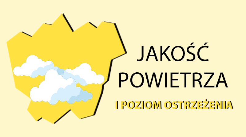 Grafika na żółtym tle kontur miasta Łaziska Górne, w centralnym punkcie chmury, obok umieszczono napis: Jakość powietrza I poziom ostrzeżenia.