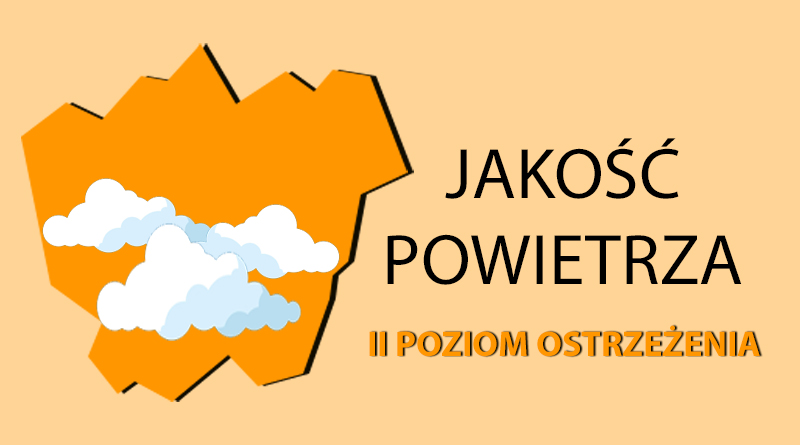 Grafika na jasno pomarańczowym tle kontur miasta Łaziska Górne, w centralnym punkcie chmury, obok umieszczono napis: Jakość powietrza II poziom ostrzeżenia.