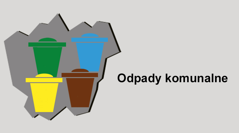 Grafika na szarym tle, w centrum umieszczono kontur mapy miasta Łaziska Górne w którym znajdują się 4 kosze na śmieci w różnych kolorach, obok umieszczono napisz: Odpady komunalne.