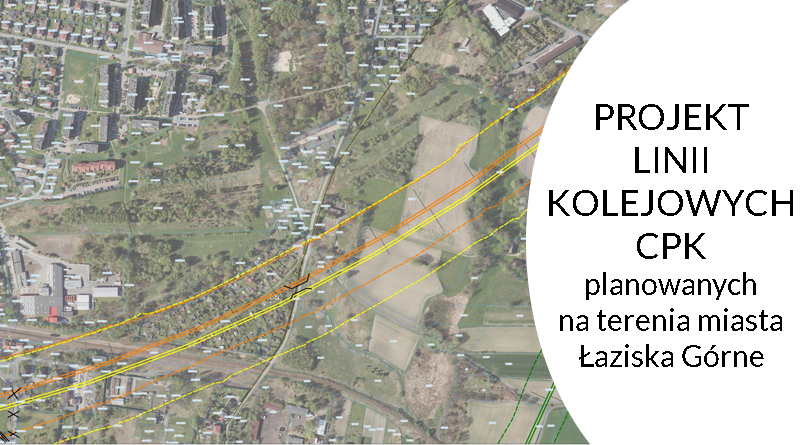 Grafika na tle wizualizacji linii kolejowych, obok umieszczono napis: Projekt linii kolejowych CPK planowanych na terenie miasta Łaziska Górne.