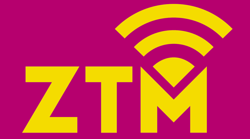 Grafika na fioletowym tle z żółtym logiem ZTM.